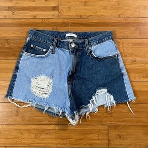 Forever 21 Two-Tone Blue Denim High Rise Distressed Jean Shorts Daisy Dukes
